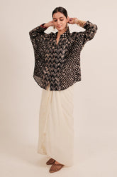 Black Cotton Shibori Printed and Sequin Work Shirt Style Top